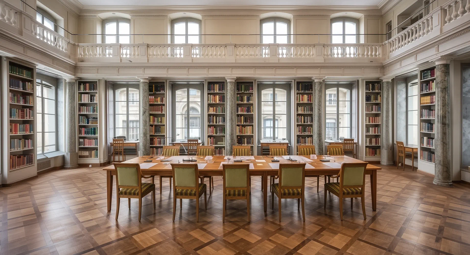 Klassizistische Bibliothek als Bildwelt für Beiträge, Einordnung und politische Textarbeit | Demain