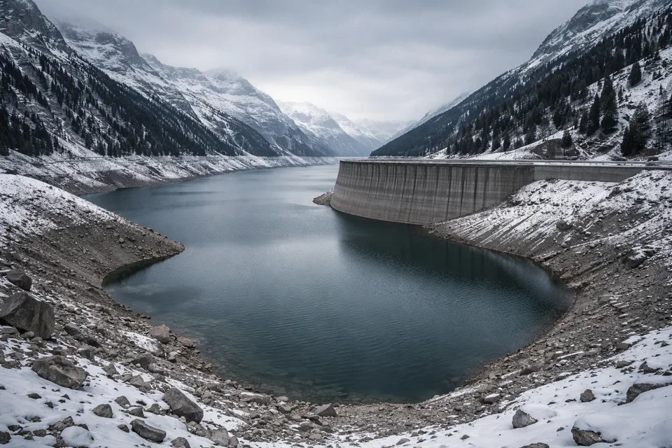 Stausee im Winter – Symbol für das saisonale Speicherproblem der Schweizer Energieversorgung | Demain