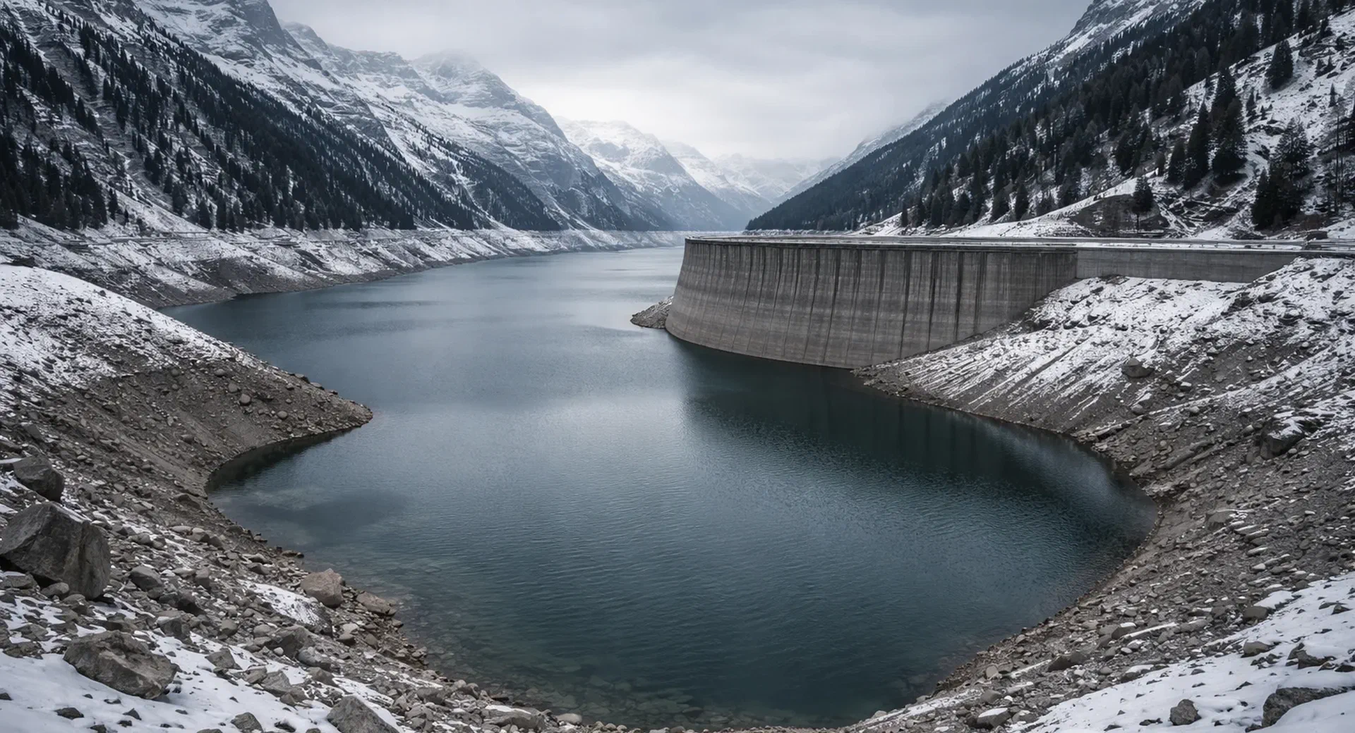 Stausee im Winter – Symbol für das saisonale Speicherproblem der Schweizer Energieversorgung | Demain