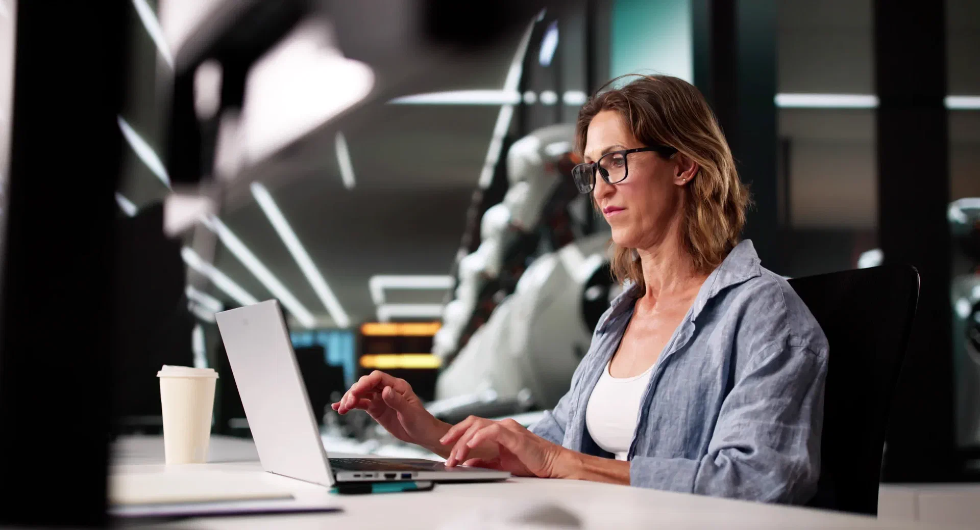 Person am Laptop mit KI-Umgebung als Bild für Zukunftsfähigkeit und Digitalisierung | Demain